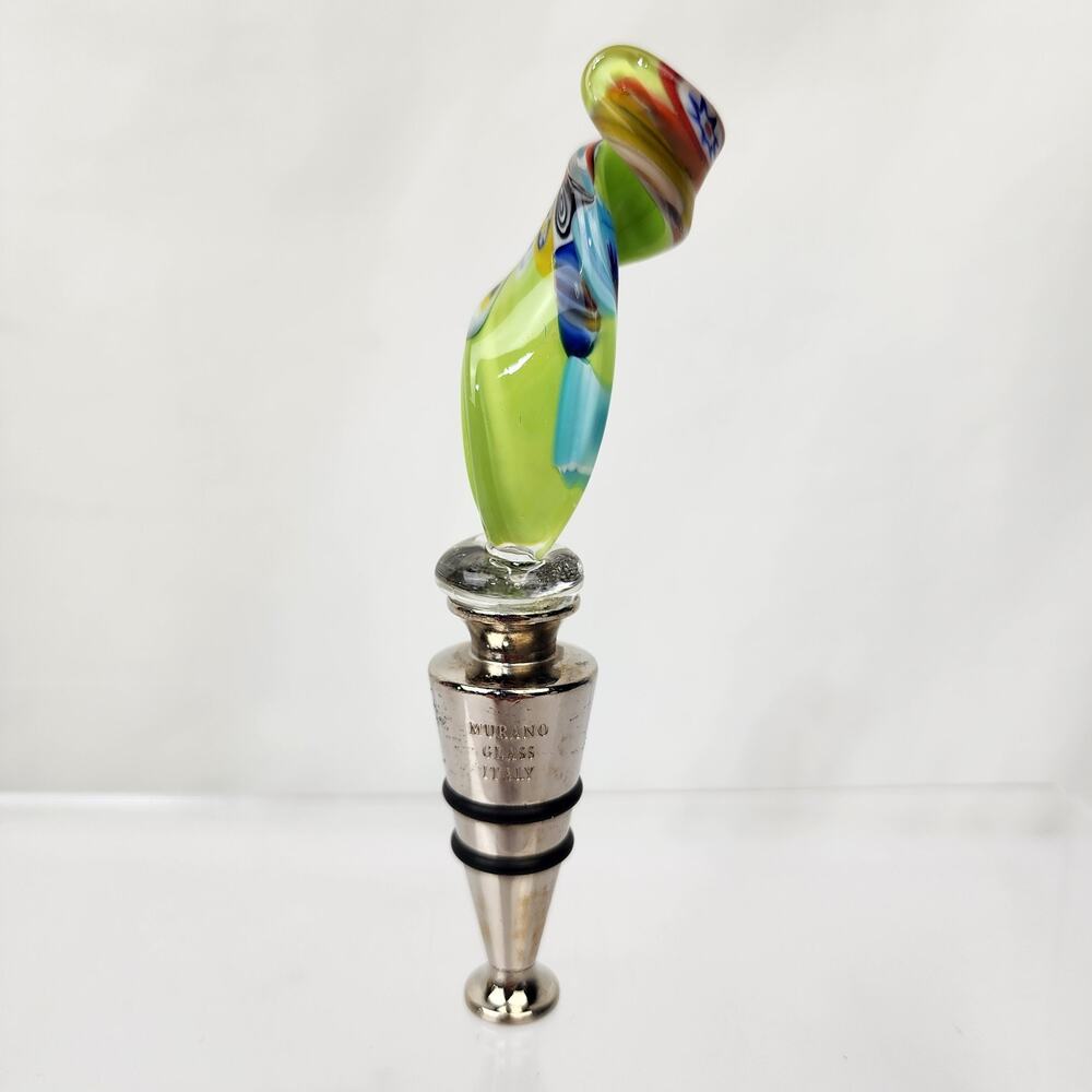 Murano Glass Wine Bottle Stopper Lime Green Multicolor Marked / Free Standing